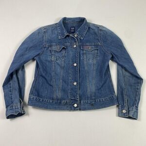 GAP Jeans Denim Trucker Jacket Womens Large Blue Button Front Monogram DJB Faded